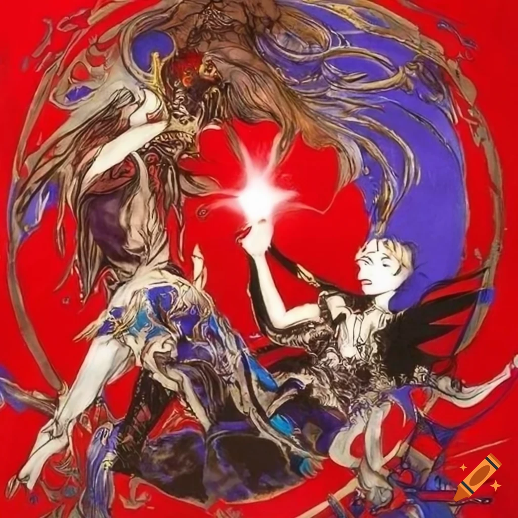 Final Fantasy logo artwork in Yoshitaka Amano style with prince and lancer in a red circle background