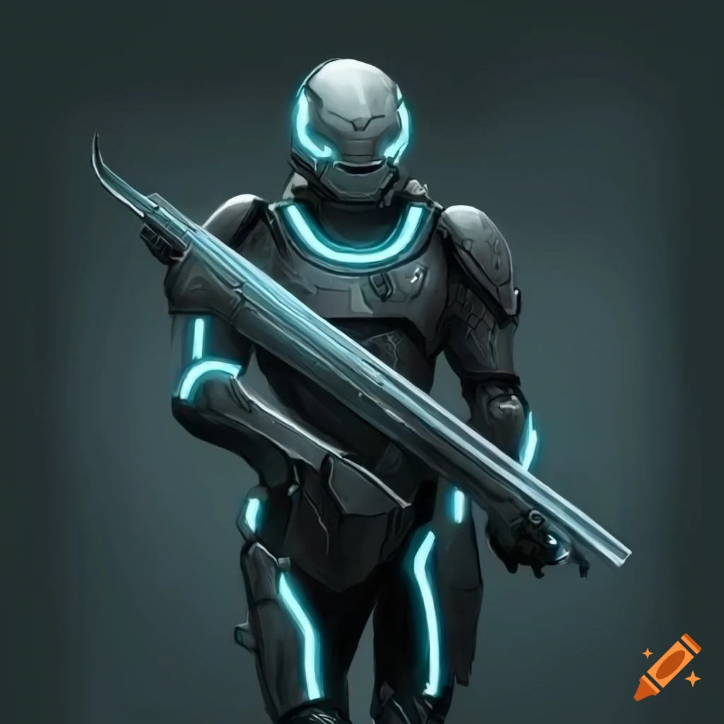 Futuristic scifi medieval armored soldier in tron style carbon fiber