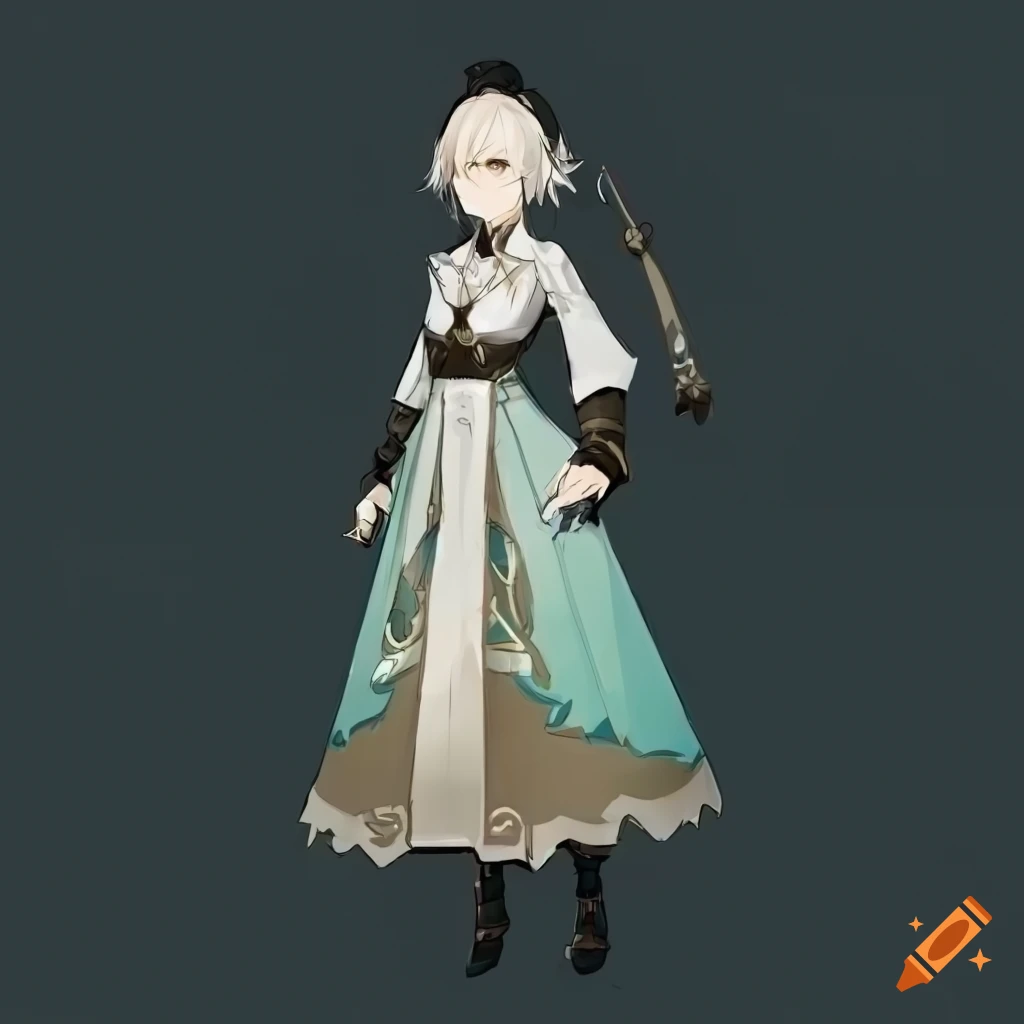 Character design sheet of woman in elegant Victorian-themed outfit from Genshin Impact