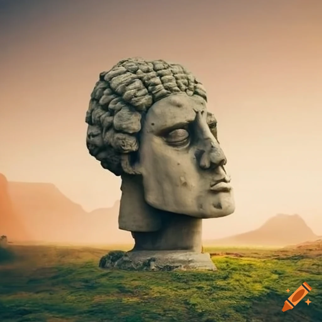 Giant stone head statues emerging from the ground on Craiyon