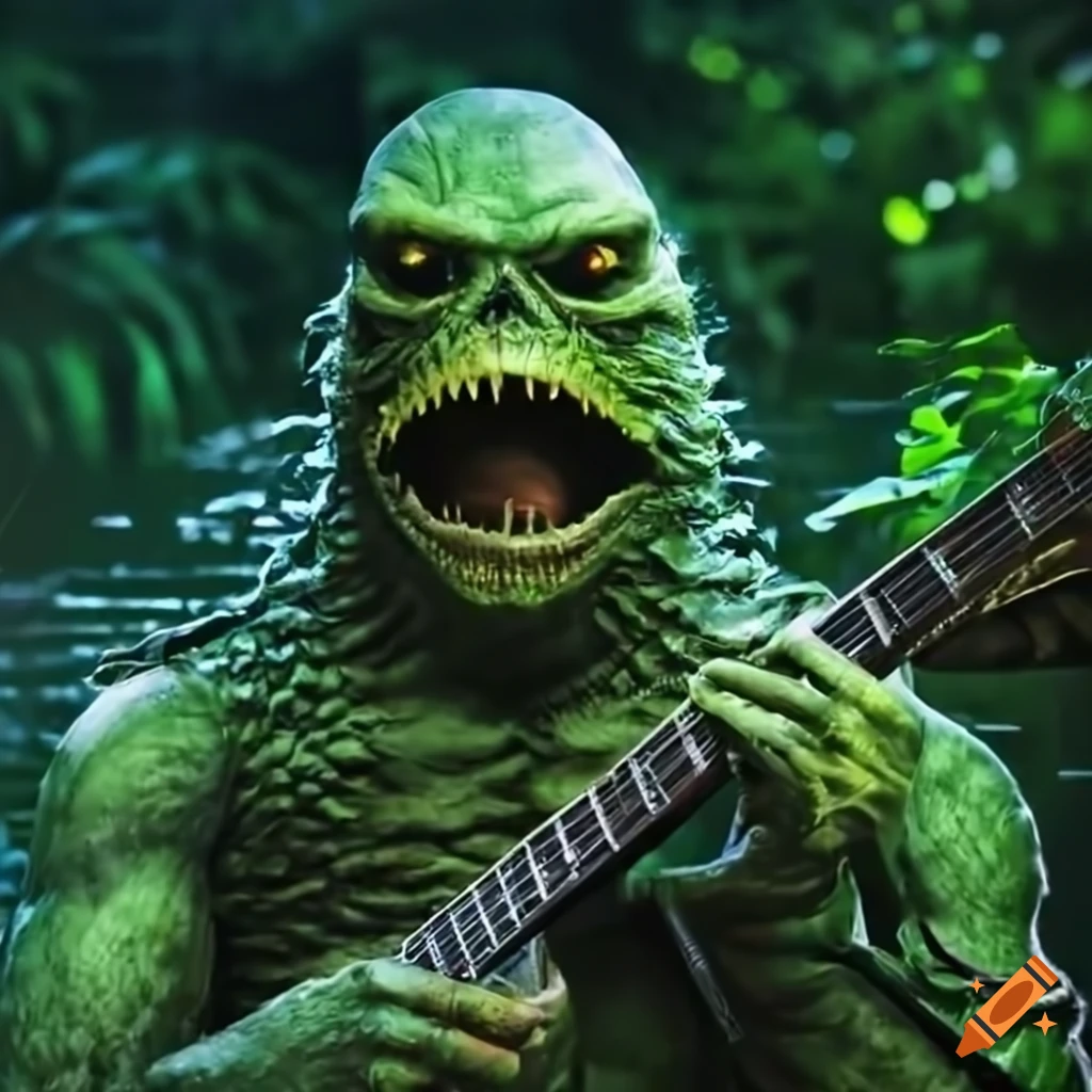Creature from the Black Lagoon in a biker jacket playing guitar in the jungle