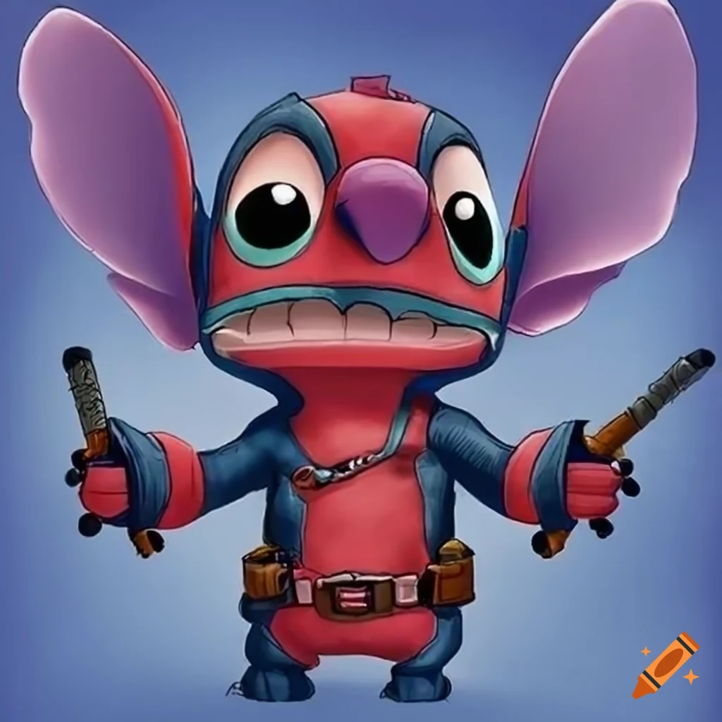 Stitch dressed as deadpool in a crossover fanart on Craiyon