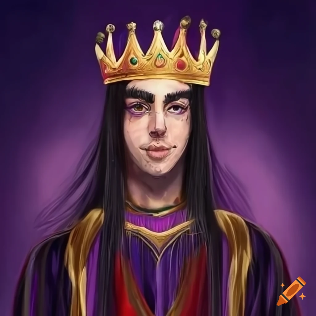 Young king with long black hair and purple eyes sitting on a golden ...