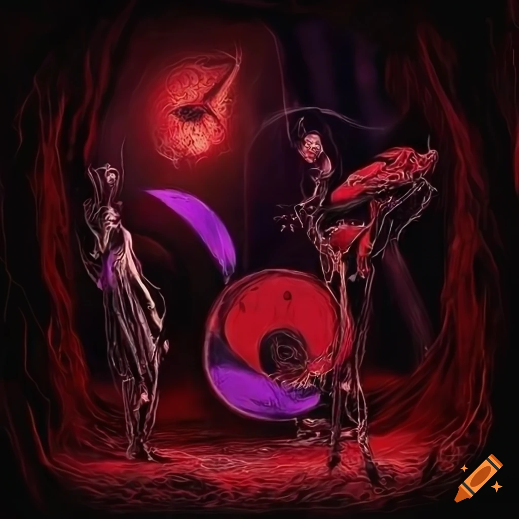 Cover art for dark marching band show 'over the edge' in red and purple