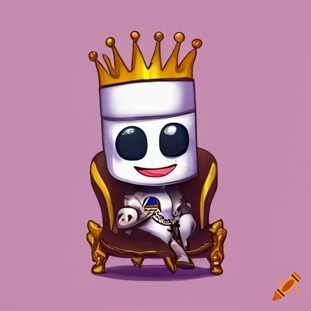Marshmallow king chibi with a large crown sitting on a throne on Craiyon