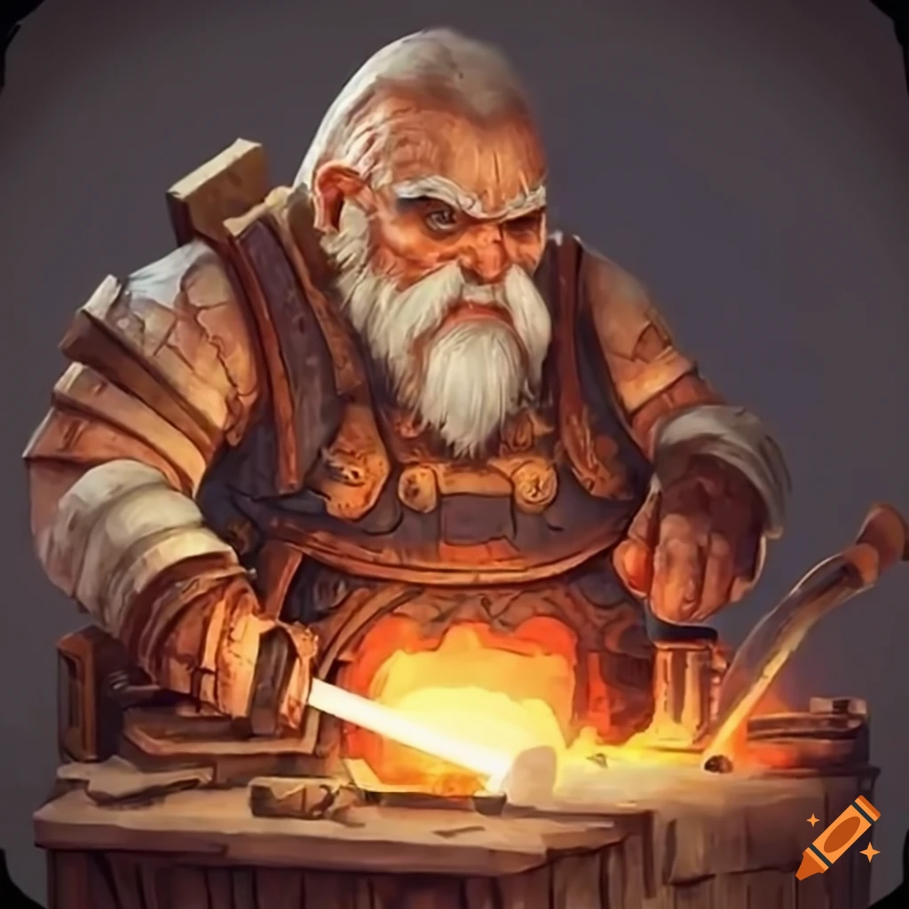 Dwarven craftsman forging in an ancient forge