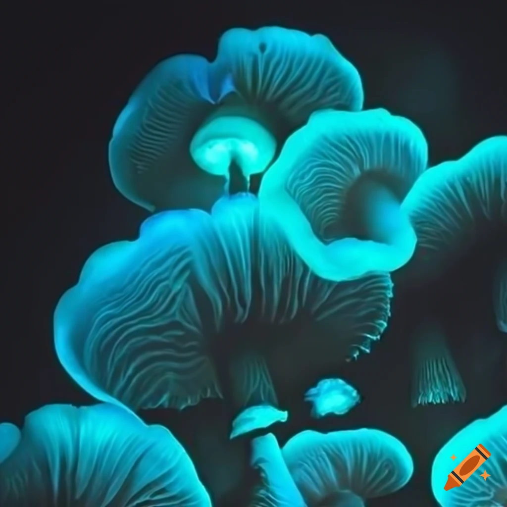 Bioluminescent mushrooms in a dark cave abstract