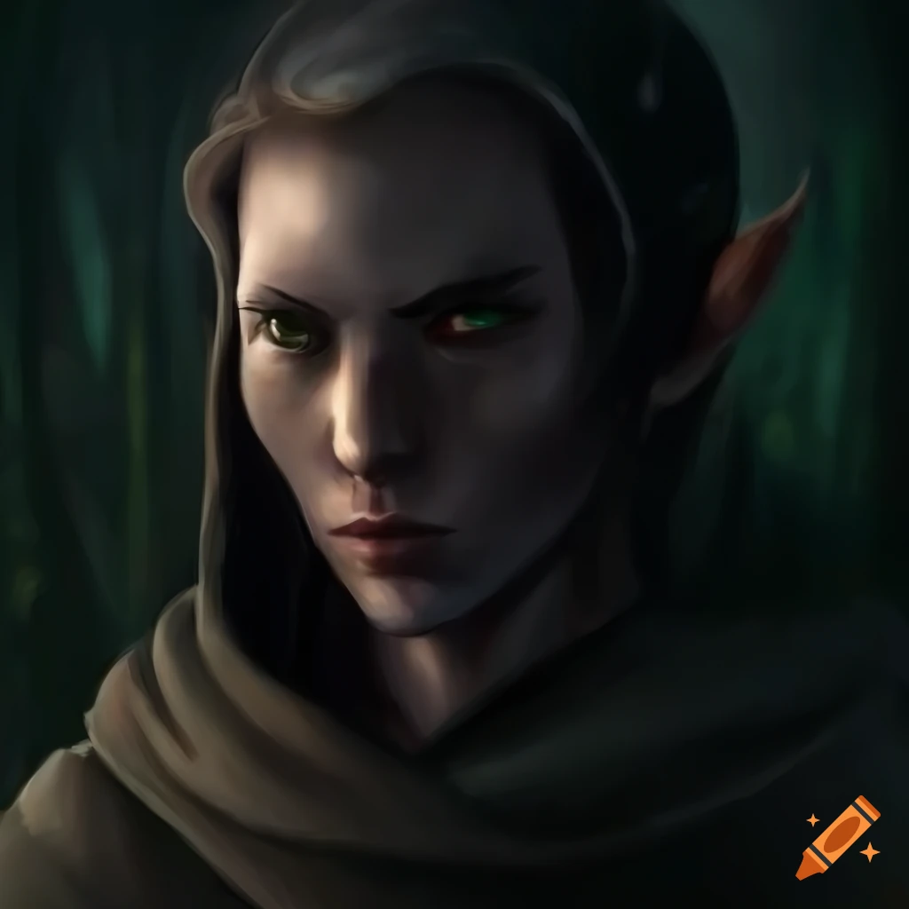 Portrait of a male elf in a black hood with a fantasy forest in the ...