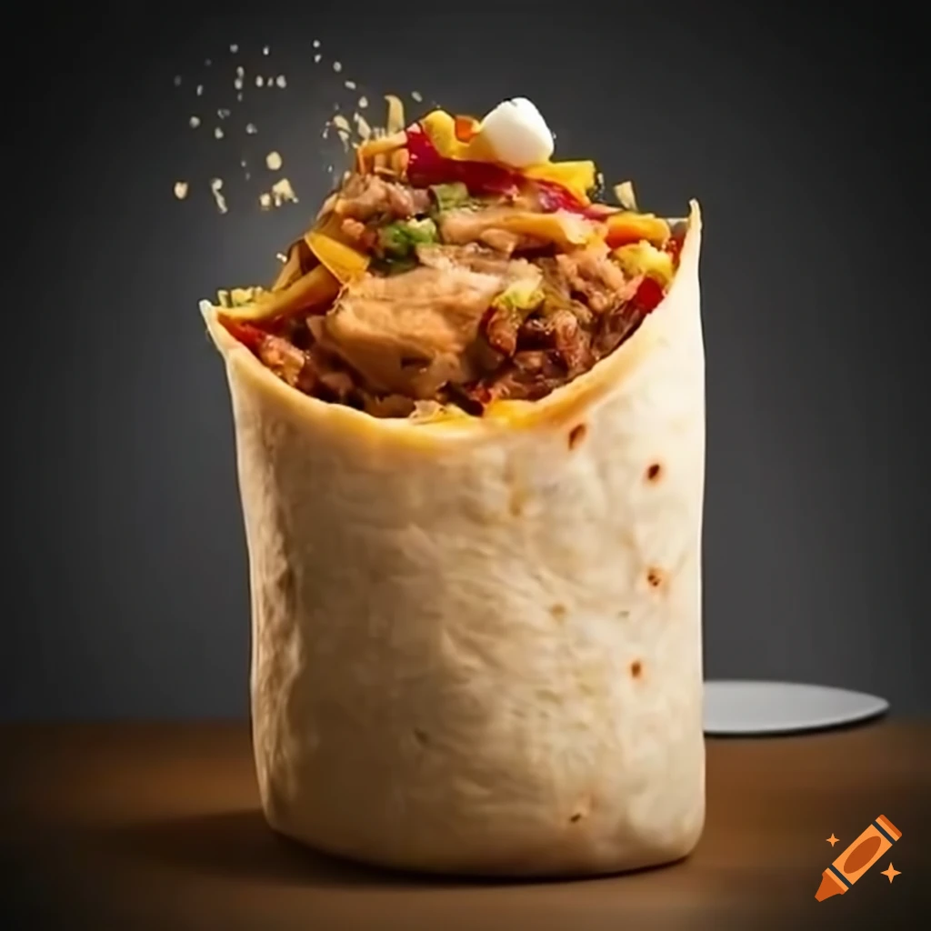 Delicious overflowing burrito with cheese, meat, rice, and toppings
