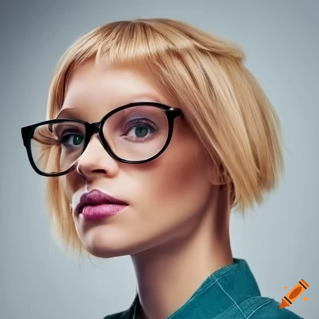 Portrait of a beautiful woman with blonde bob haircut and glasses