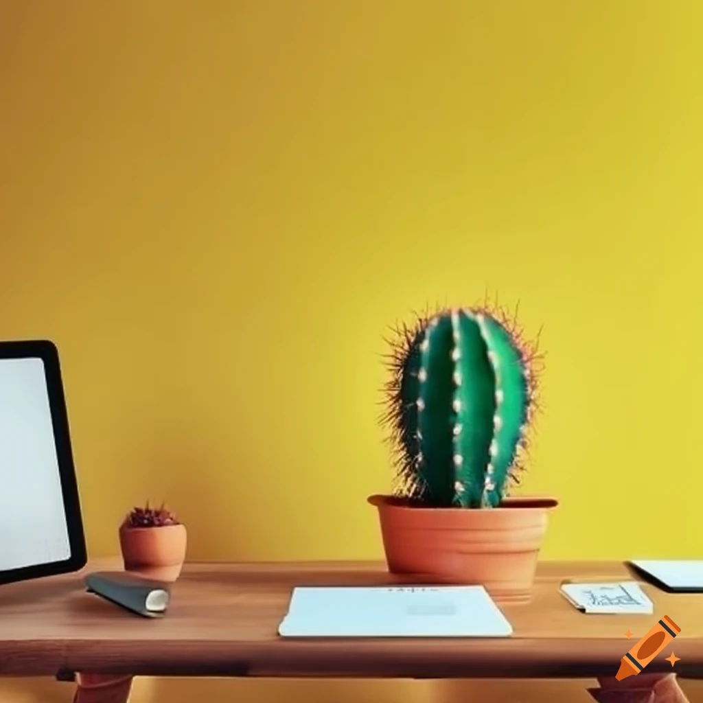 Cozy office setup with a trendy desk and potted cactus in a bright space on Craiyon
