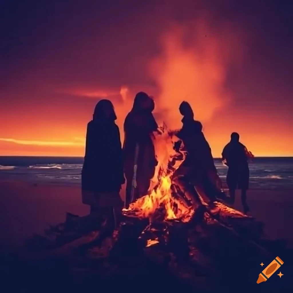 Group of people in capes around a bonfire on the beach