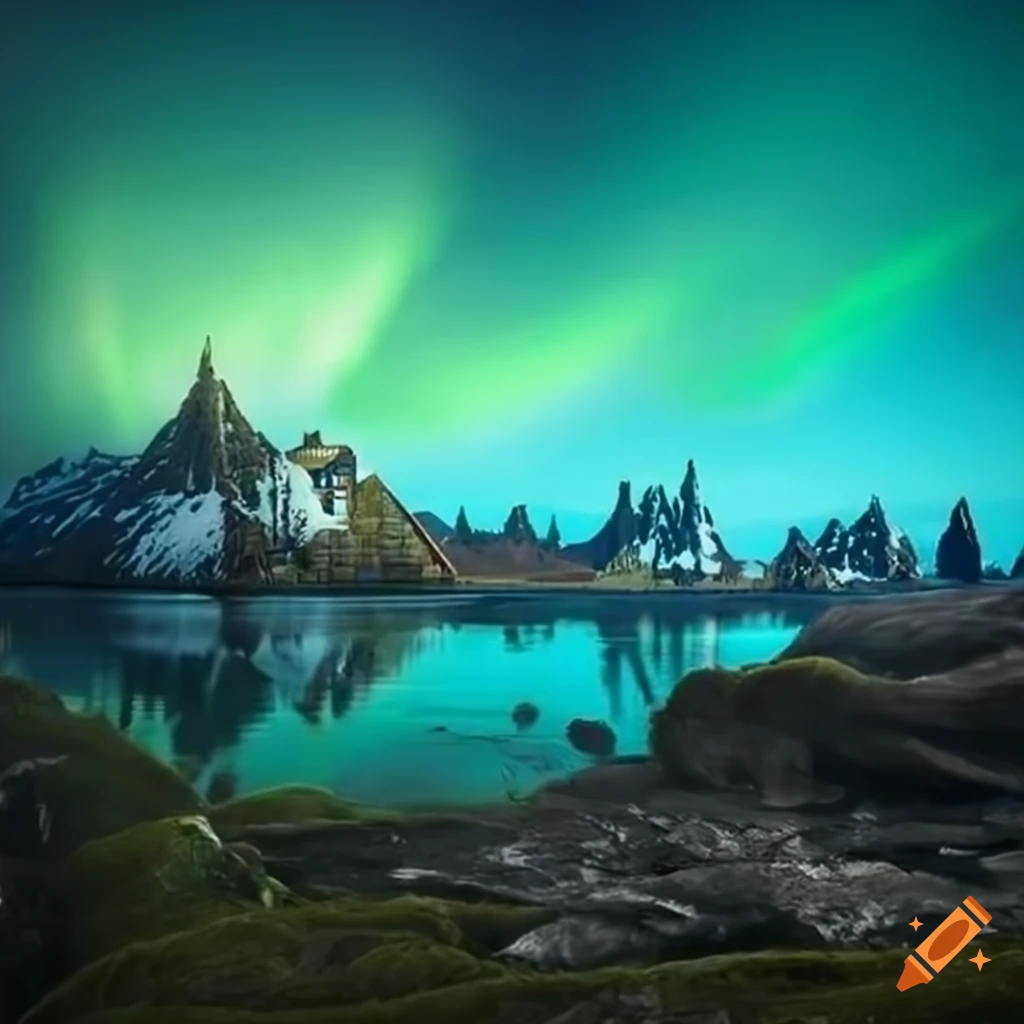Mossy fantasy arctic village by the seaside