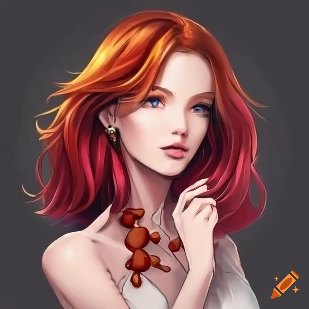 Elegant medium length anime-style hair on a redhead woman