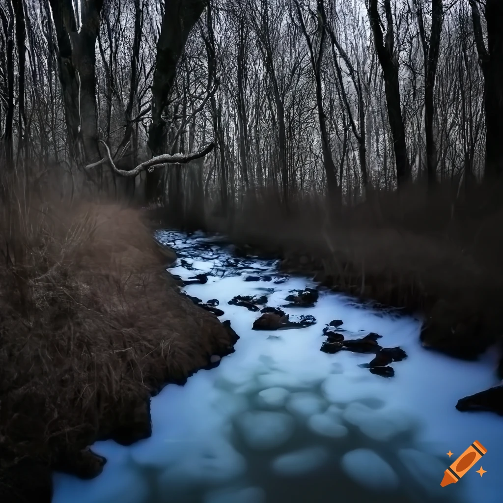 High definition photo of a frozen stream in winter from overhead on Craiyon