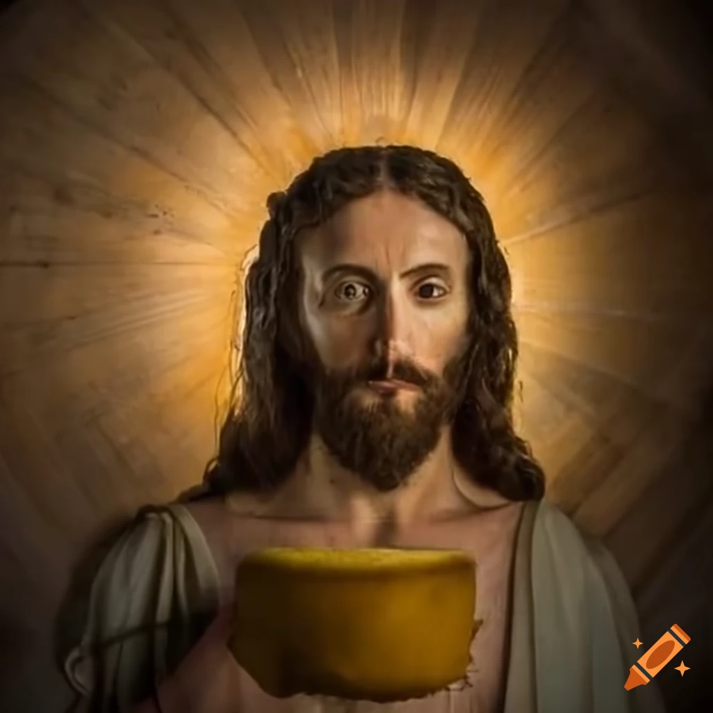 Depiction of jesus with a cheese wheel on Craiyon