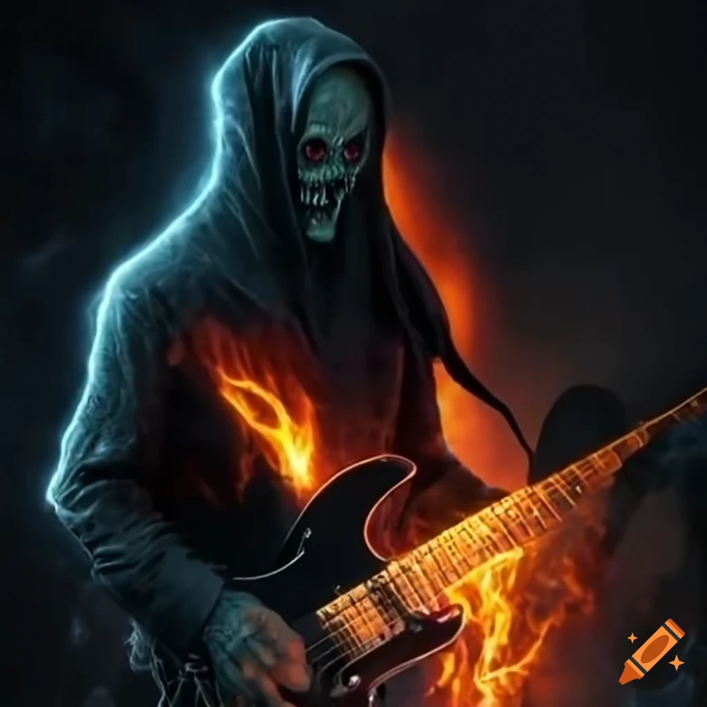 Dementor playing a lightning-charged guitar in a fire storm on Craiyon