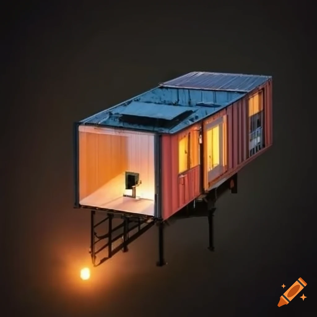 Aerial view of modern, solar powered shipping container house
