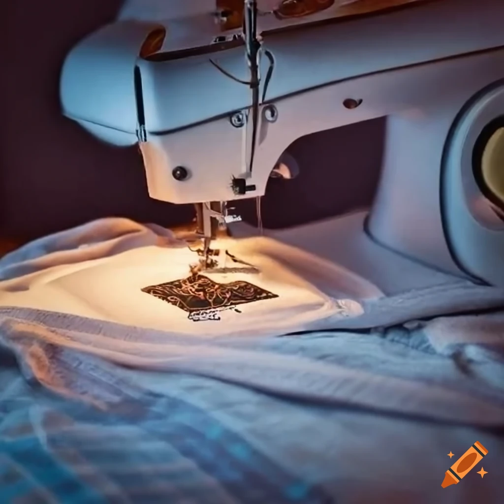 Sewing machine embroidering on cloth with fallen fabric on the floor