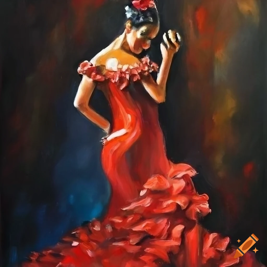 Spanish Flamenco dancer performing at night in oil painting