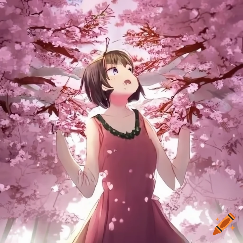 Anime girl under a sakura tree with falling petals, wearing a flower crown