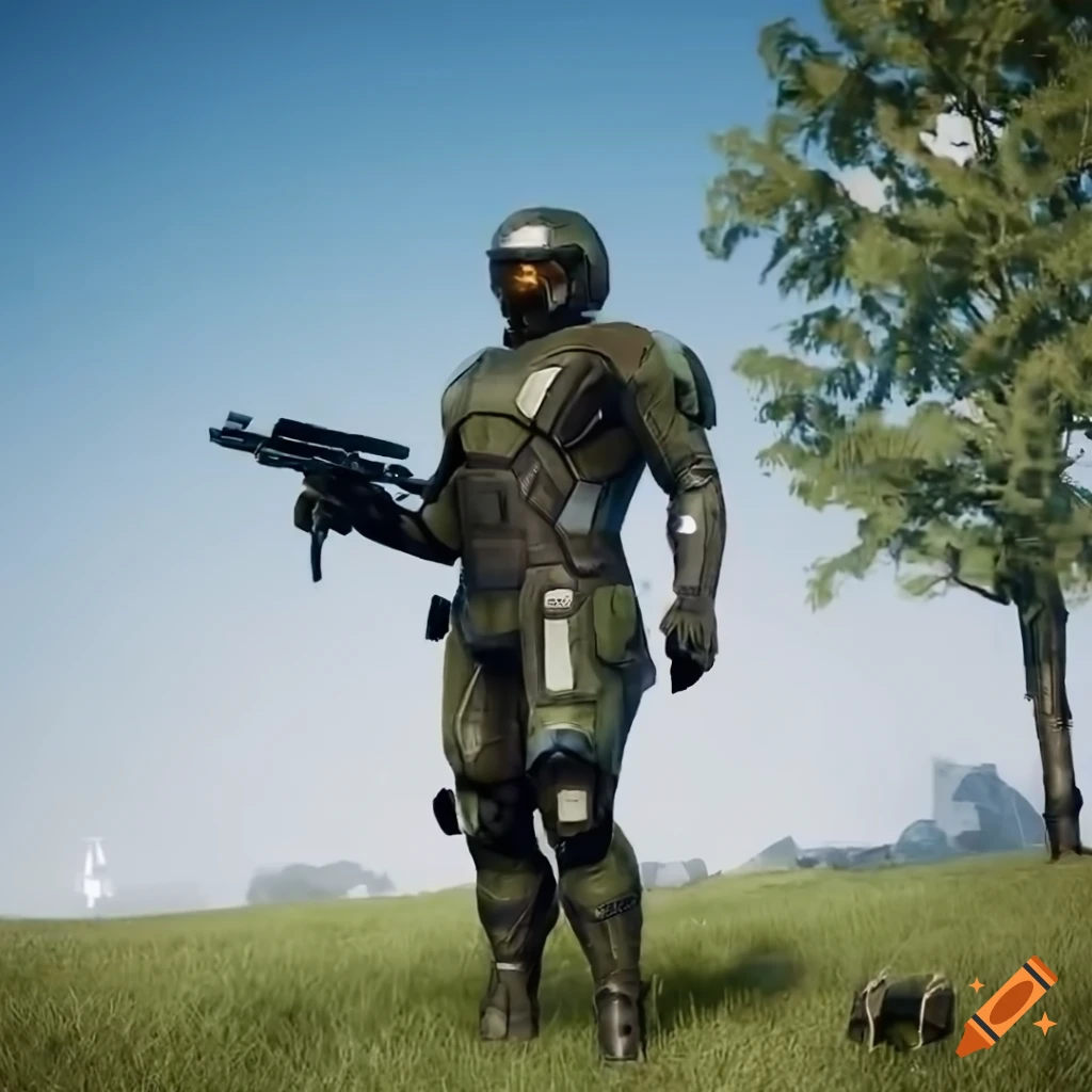 American sci-fi soldier with weapon and armor on grass with helicopter, US flag, and blue sky