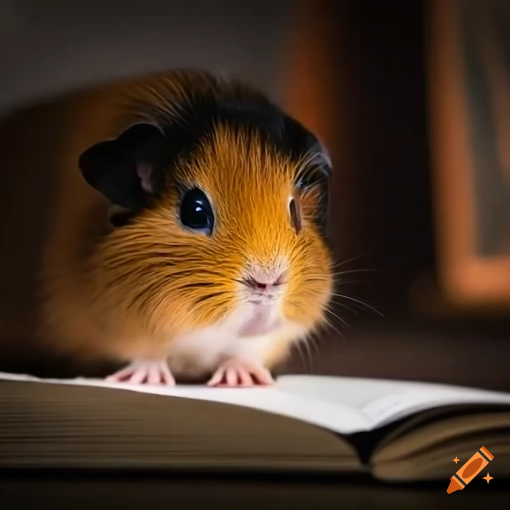 Guinea pig reading by candlelight in a dark library on Craiyon