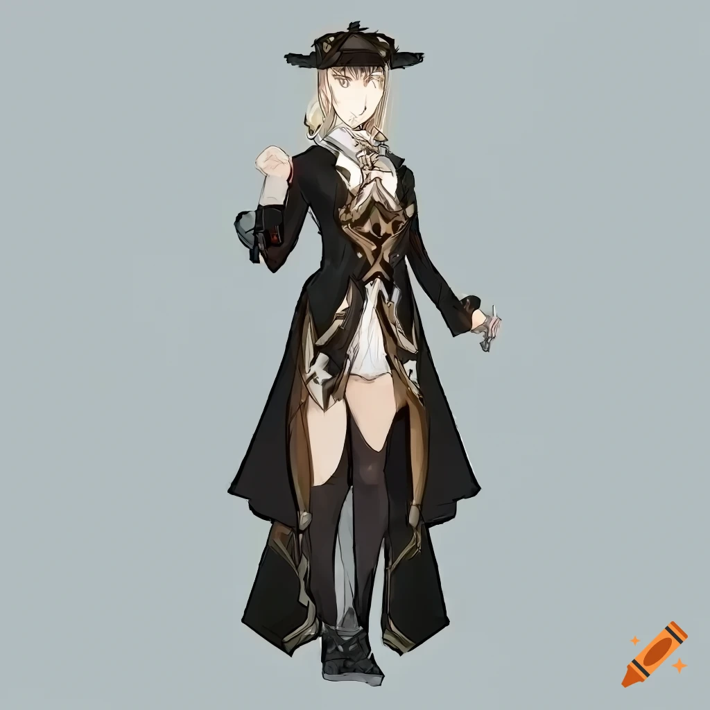 Character design sheet of woman in elegant Victorian-themed outfit from Genshin Impact