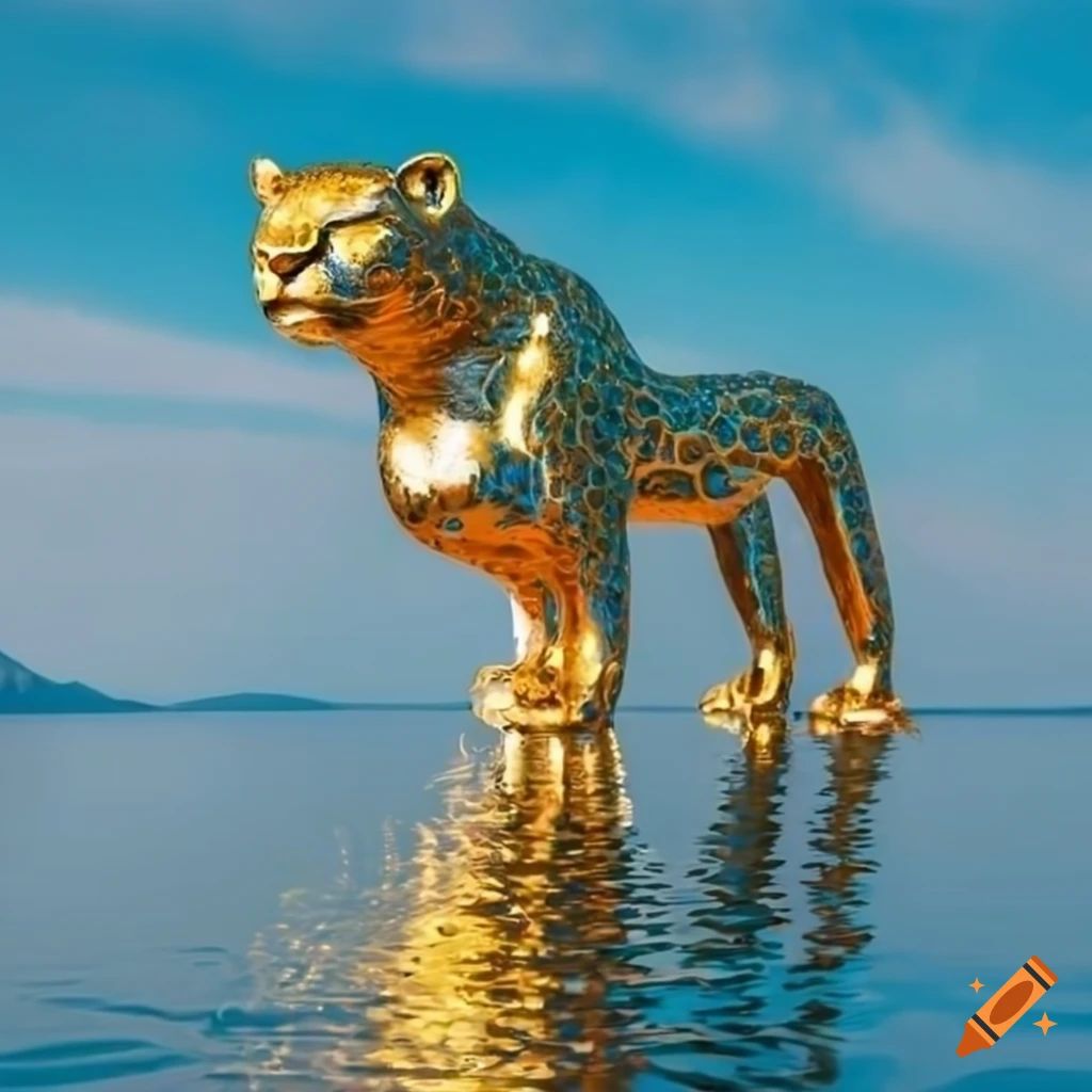 Sunlit gold leopard sculpture on royal blue lake with iridescent light