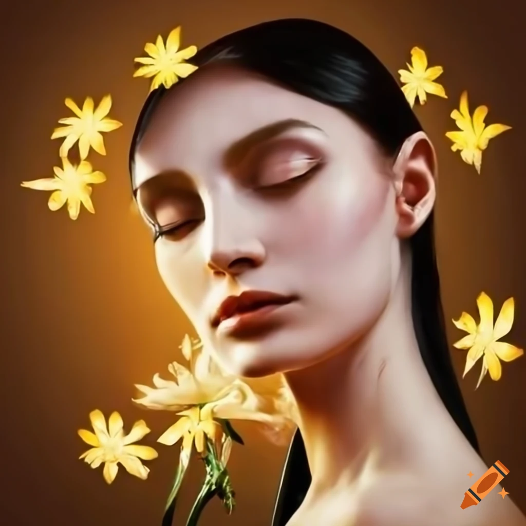 Woman surrounded by flowers and light reflected in a mirror