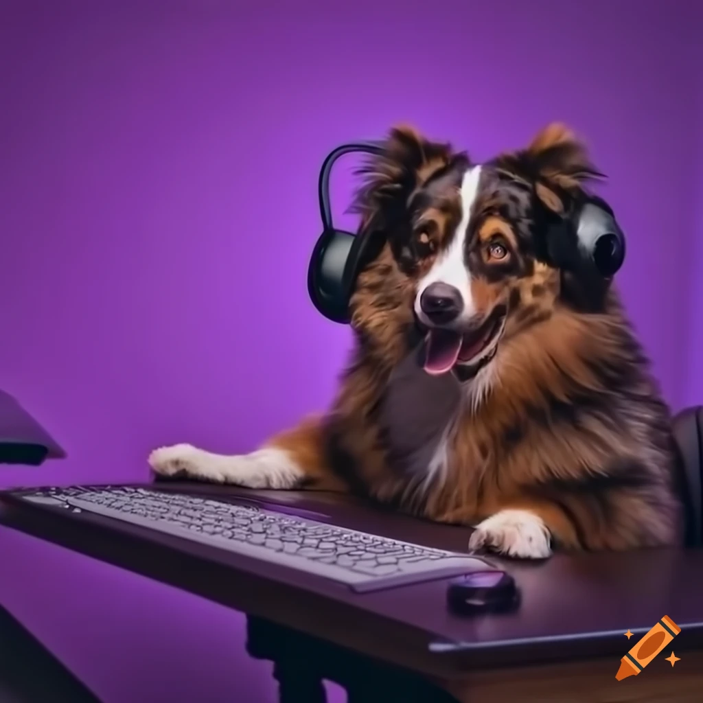 Australian shepherd dog playing computer games at a purple room desk on