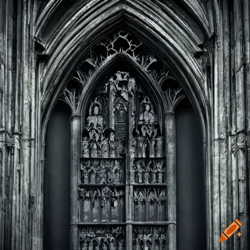 Dark gothic medieval cathedral doors with death figures on Craiyon