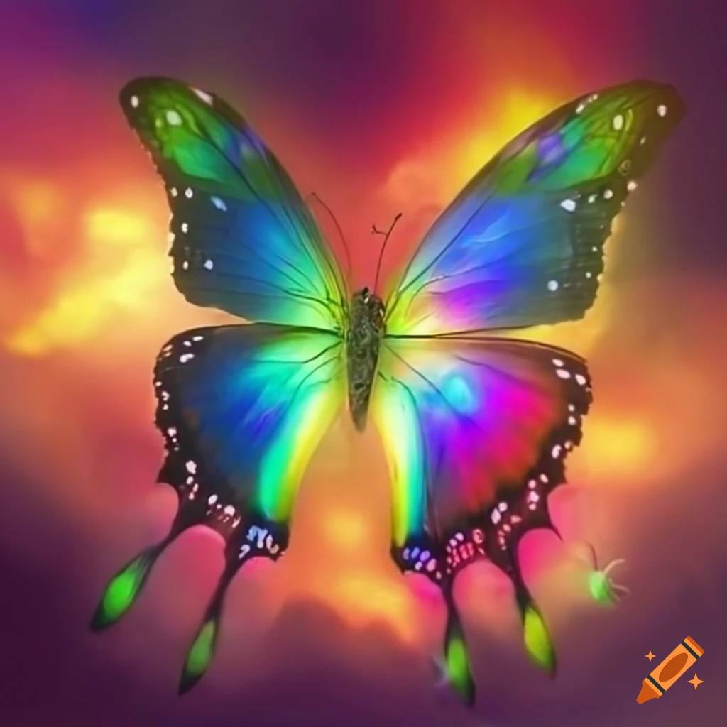 Rainbow butterfly flying through magical clouds on Craiyon