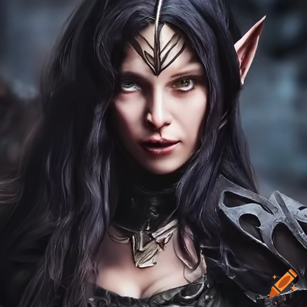 Female elf mage with black hair casting a spell in armor on Craiyon