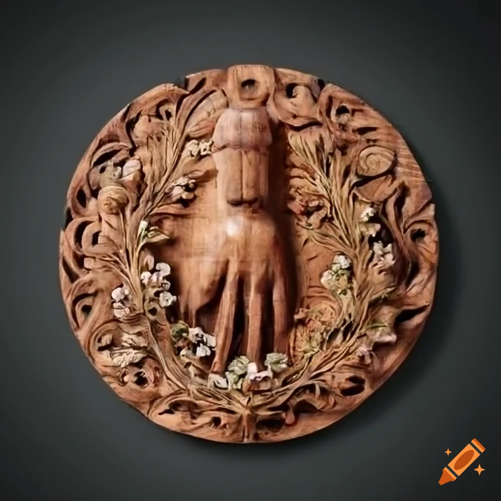 Wood carved medallion with hand surrounded by herbs and flowers on Craiyon