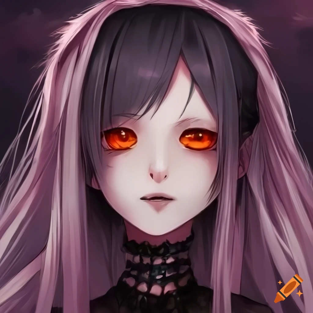 Portrait of a gothic anime girl with orange eyes on Craiyon