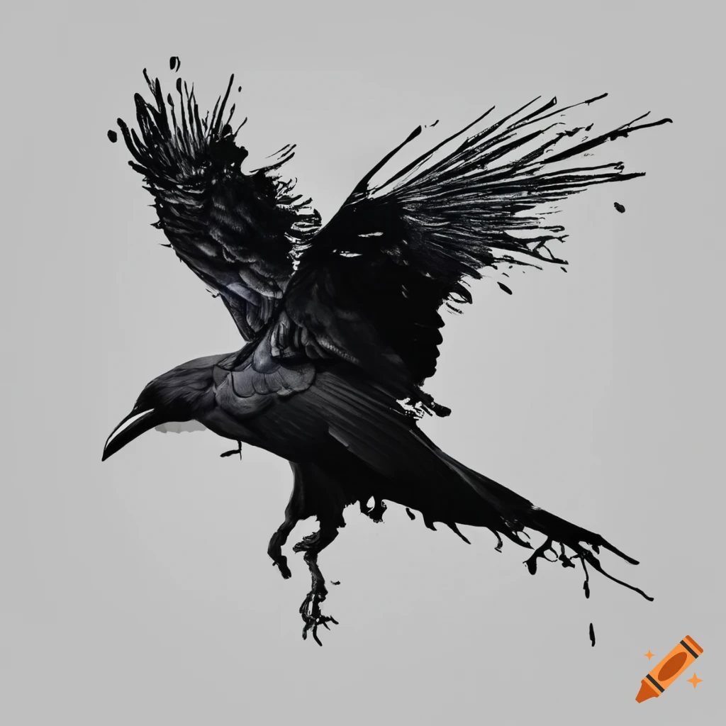 Crow made of black ink splatter in flight