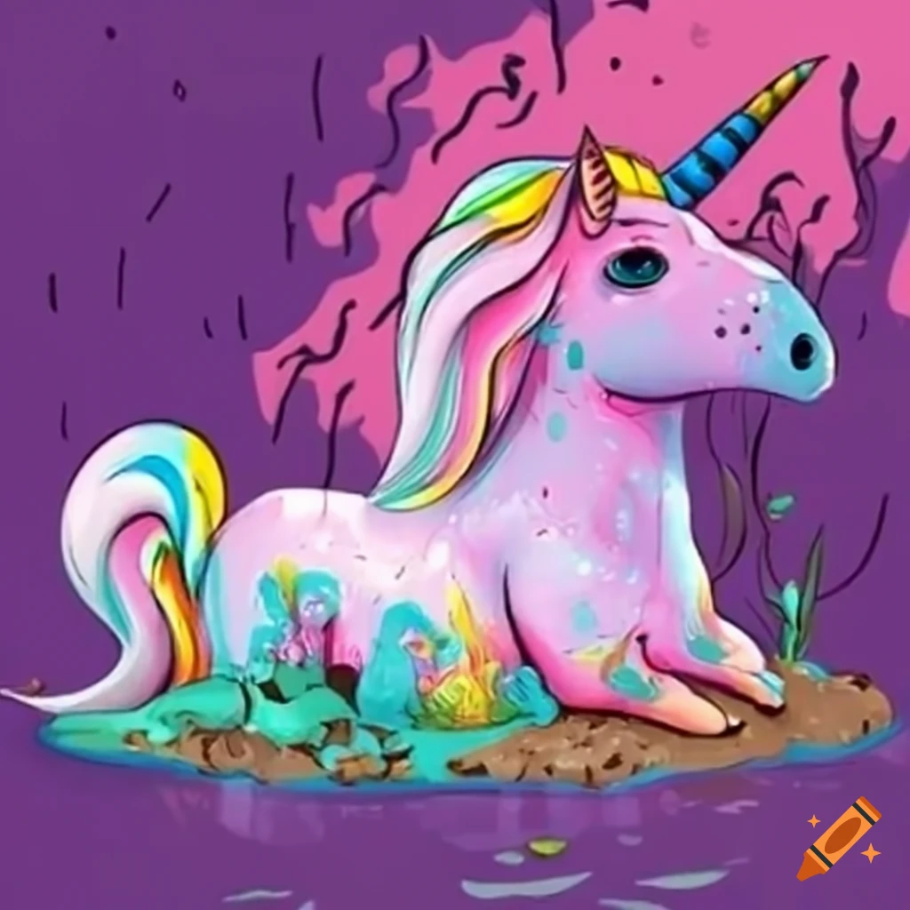 Colorful white unicorn stuck in a muddy swamp