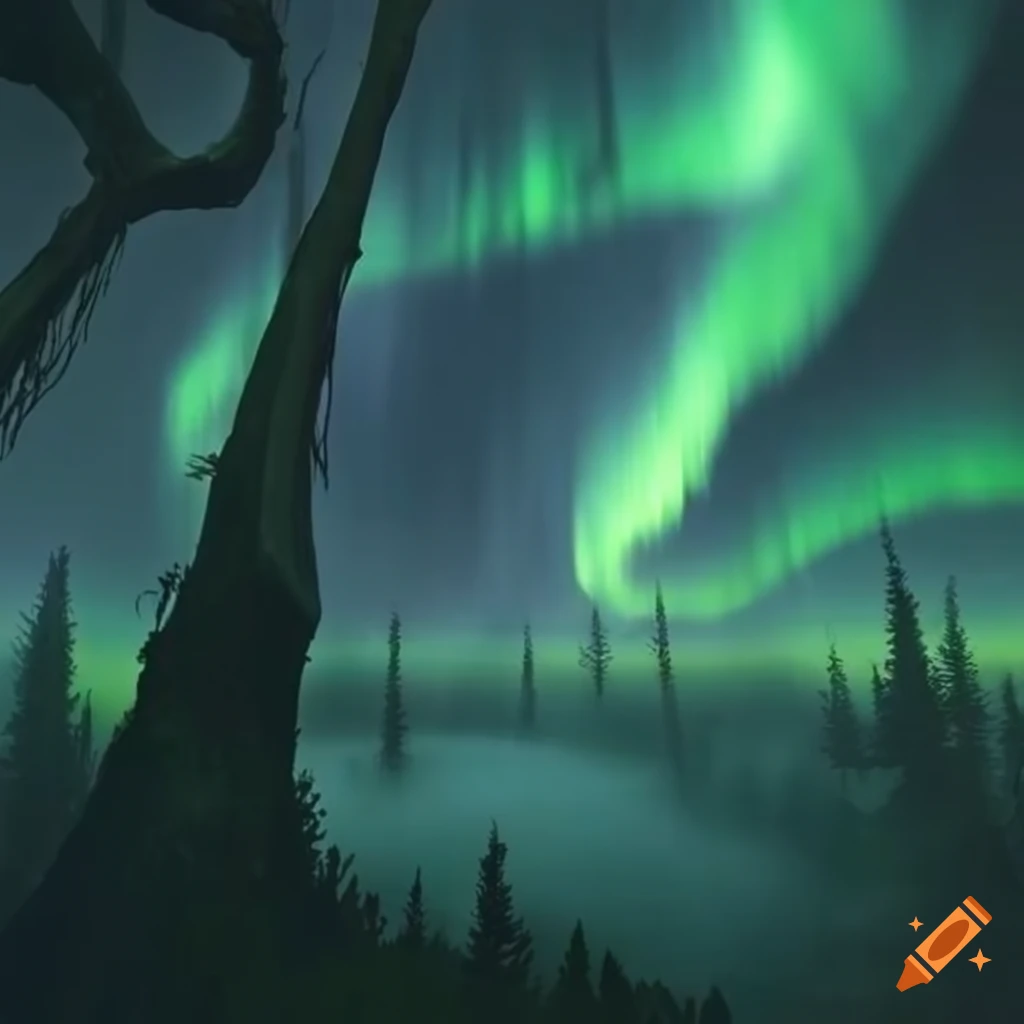 Glowing silver sword in a lush forest with aurora borealis