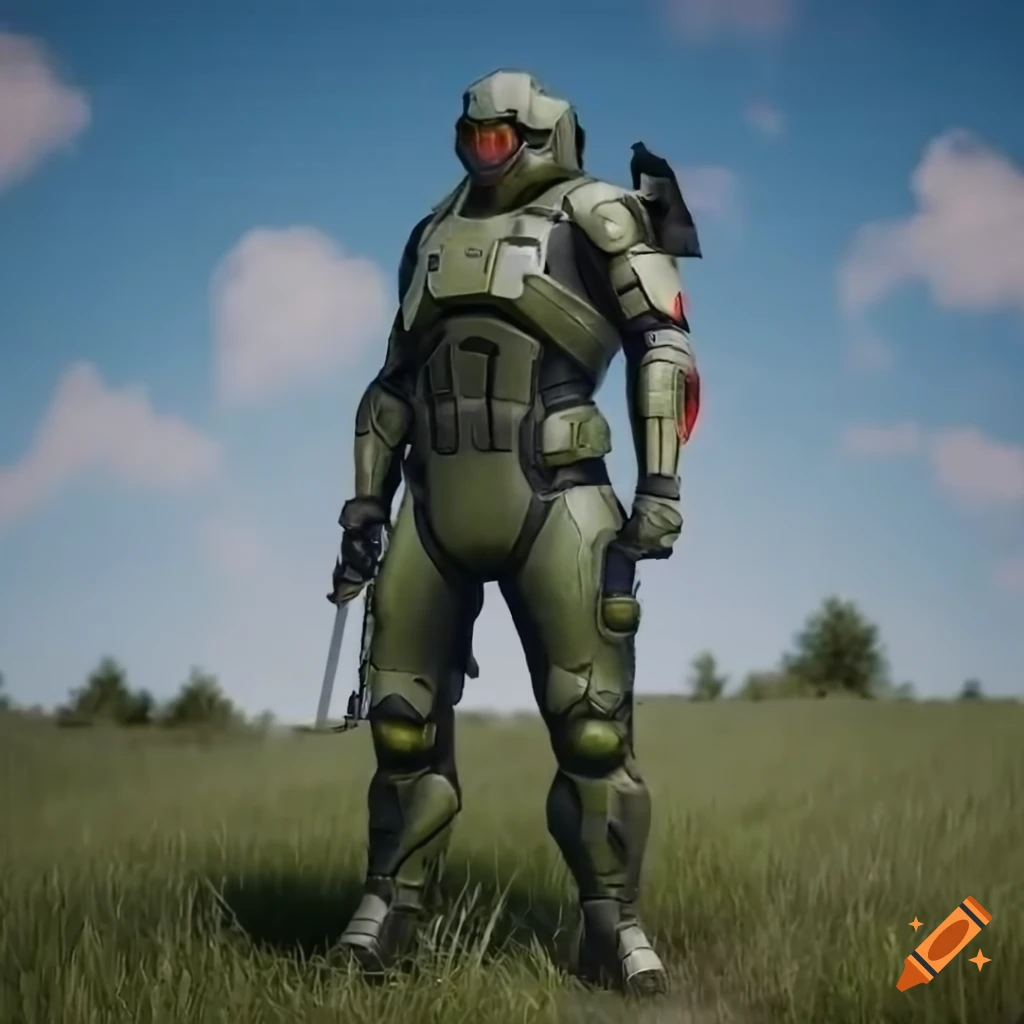 American sci-fi soldier with sci-fi weapon and armor, standing on grass next to a tank and the US flag under a blue sky