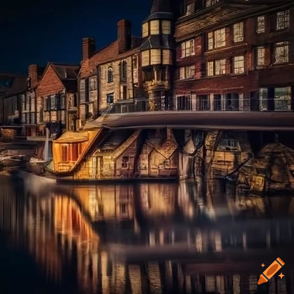Scenic waterside village view