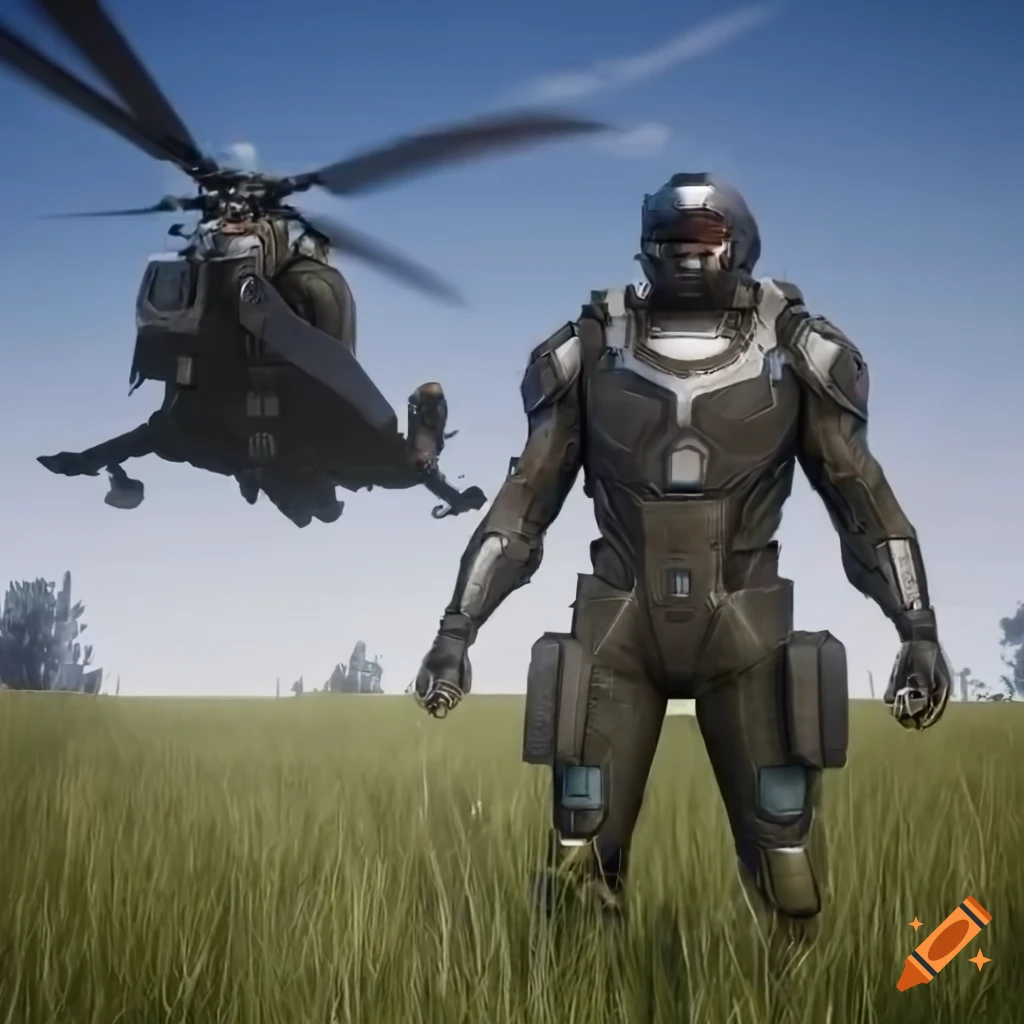 American sci-fi soldier with weapon and armor on grass with helicopter, US flag, and blue sky