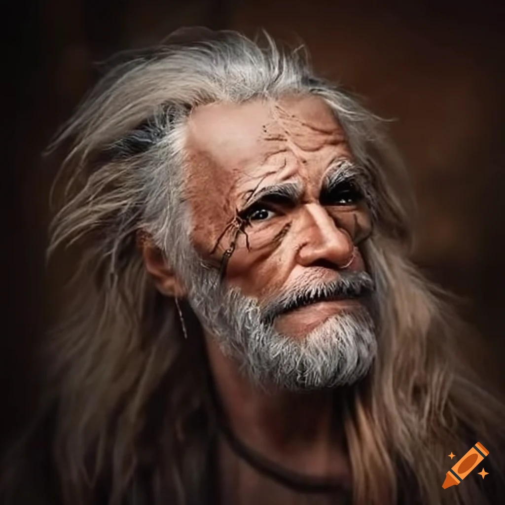 A realistic depiction of a wild, crazy, tall, and thin shaman with a white beard