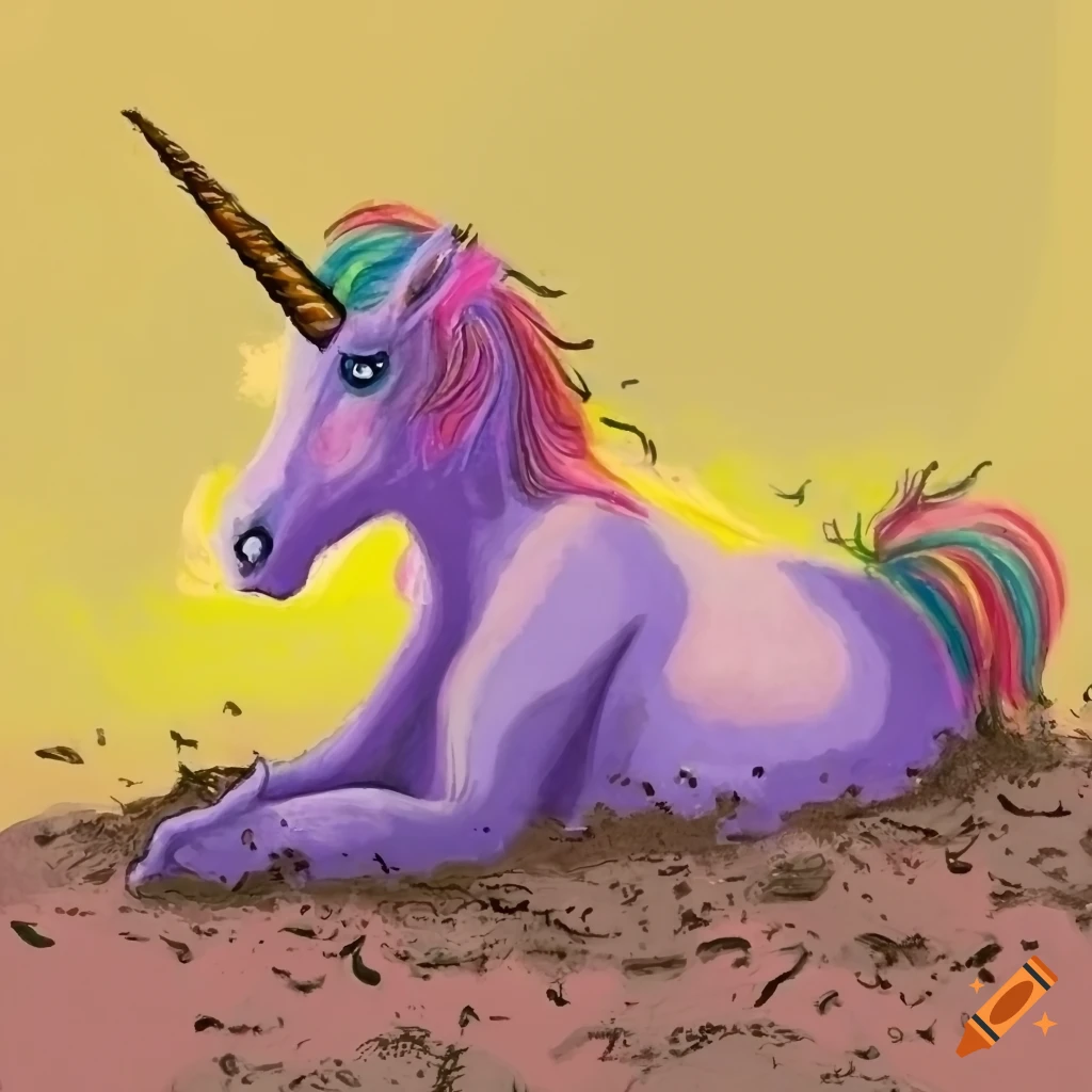 Young unicorn sinking in mud in a pastel drawing