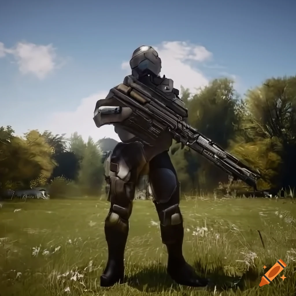 American sci-fi soldier with sci-fi weapon and armor in Unreal Engine 5 setting