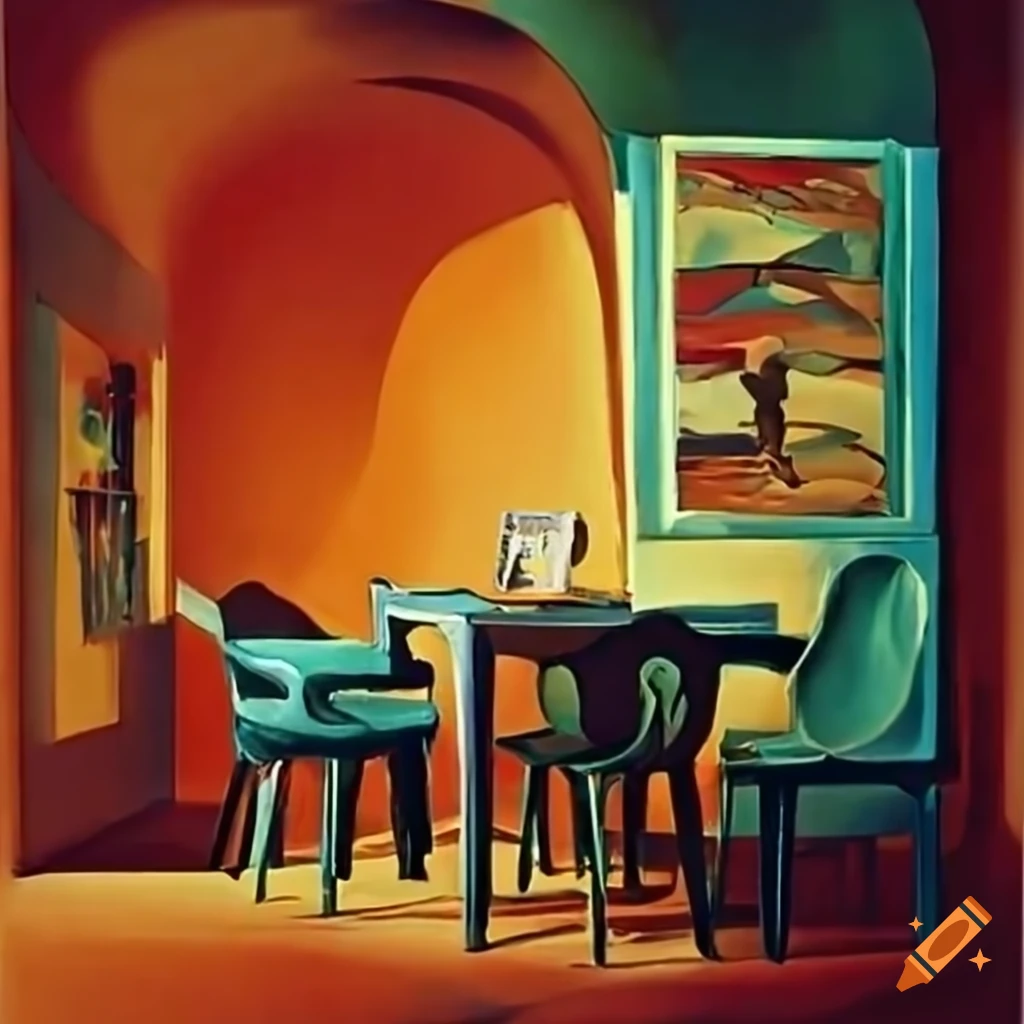 Artistic depiction of a small café with unique furniture inspired by Salvador Dalí