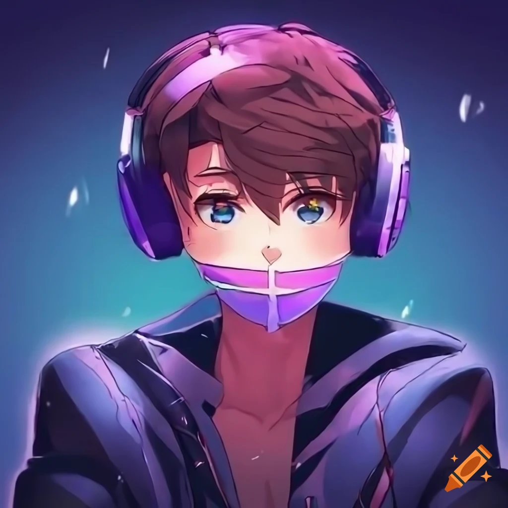 Anime-styled 17 year old streaming with headphones against a beautiful dusk night sky