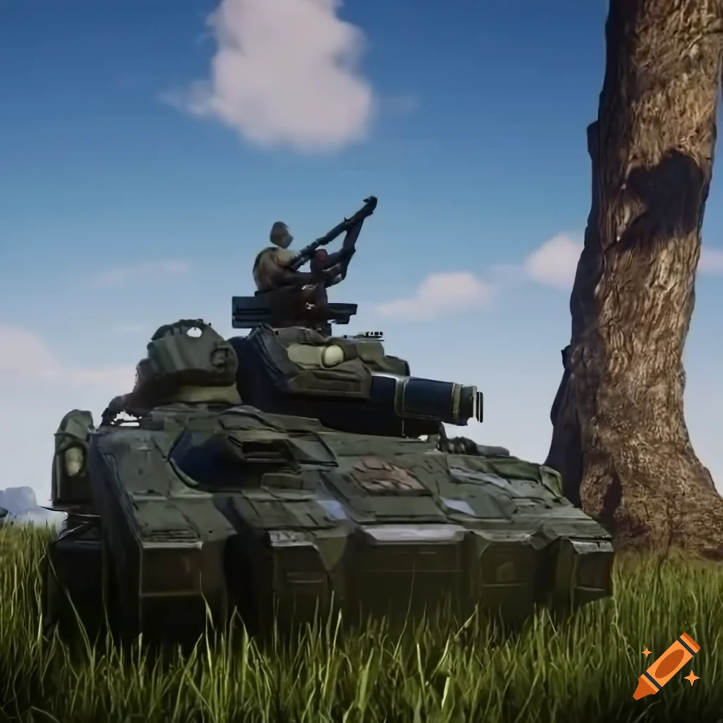 American sci-fi soldier with sci-fi weapon and armor, standing on grass next to a tank and the US flag under a blue sky