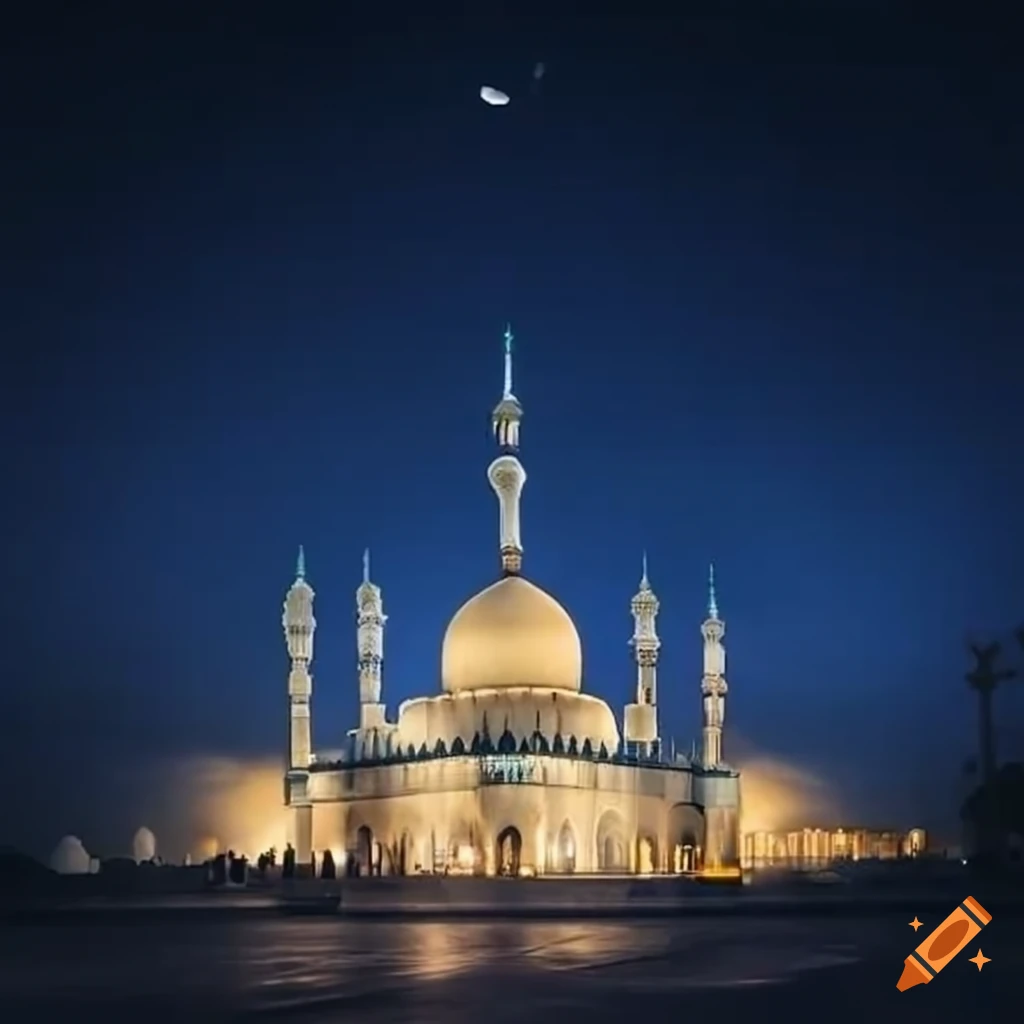 Moonlit mosque surrounded by ornate architecture under the night sky