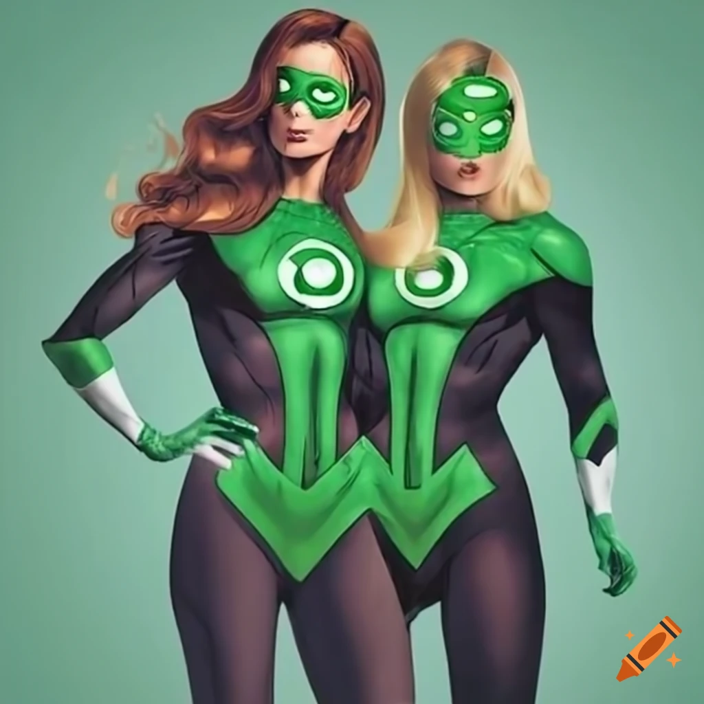 Two women hugging in a conjoined green lantern costume